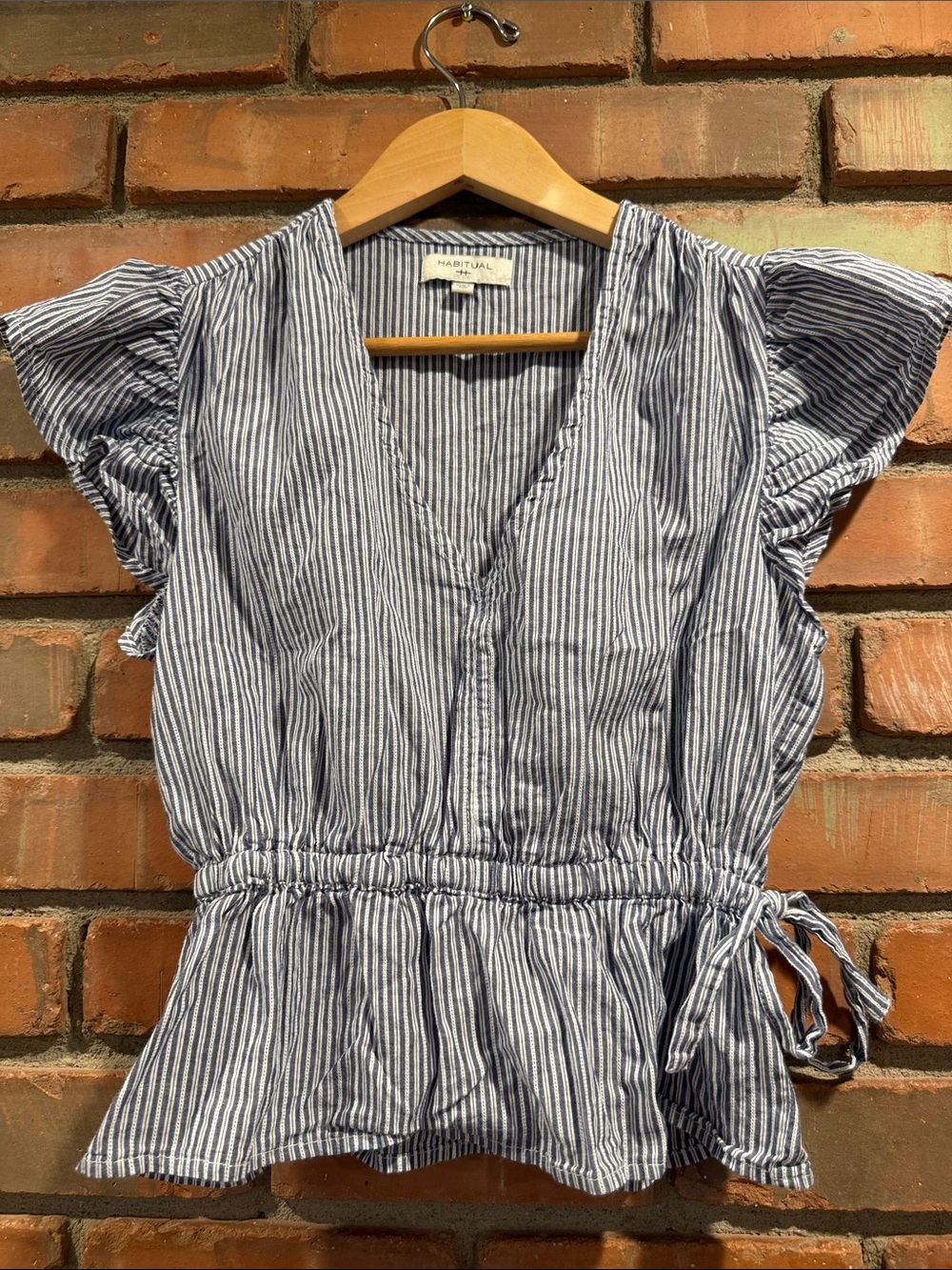 Navy & White Striped Tie-Waist Peplum Blouse